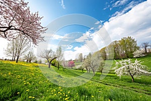 Spring background with grass and blue sky