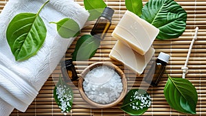 Natural Organic Spa Products Arrangement on Bamboo Mat photo