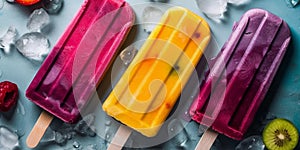 Bright fruit colorful popsicles lying on ice