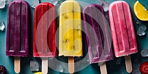 Bright fruit colorful popsicles lying on ice