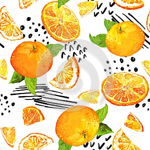 Bright fruit design with citruses, oranges, leaves, dots, lines. Summer seamless pattern. Trendy watercolor hand painted