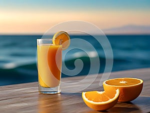 Bright fruit juice in a glass on a blurred home background