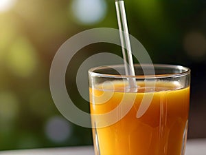 Bright fruit juice in a glass on a blurred home background