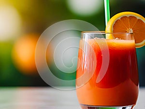 Bright fruit juice in a glass on a blurred home background