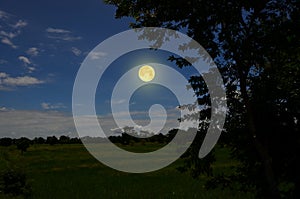 Bright full moon in blue sky over the field