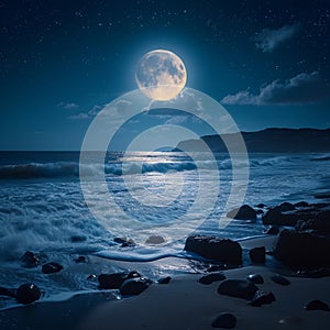 Bright full moon night, serene sea landscape, captivating nocturnal beauty