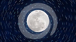 Bright Full Moon and Star Trails in Dark Blue Night Sky