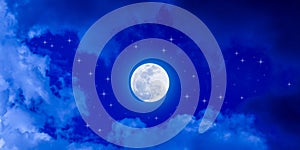 Bright Full Moon and Stars in Cloudy Blue Night Sky Banner