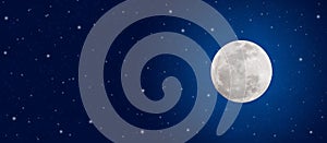 Bright Full Moon and Twinkle Stars in Dark Blue Night Sky Banner