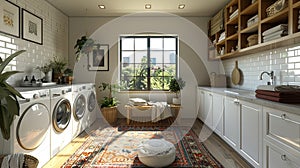 Bright and functional laundry room with ample storage and folding space3D render