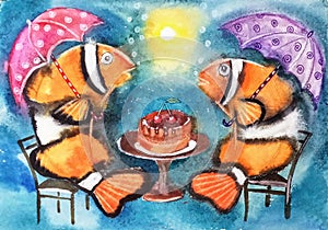 Bright funny fish with umbrellas