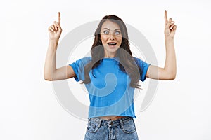 Bright future for student like you, visit profile. Excited happy smiling woman wonders she found exactly what need