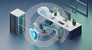 Modern cloud computing office with servers and digital tech setup