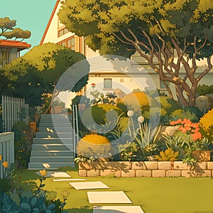 Bright Garden Pathway to Home, Colorful, Warm Vibes