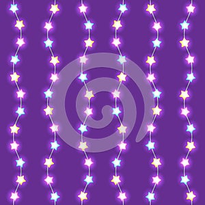 Bright garlands with glowing star lights on violet background. Seamless vector design element for Holiday cards