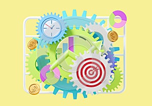 Bright gears rotating with time and dartboard, work process and achievement