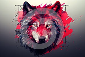 A bright geometric portrait of a wolf with red accents and piercing eyes.
