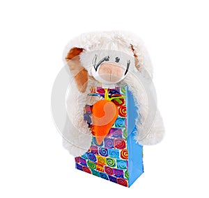 Bright gift bag with rabbit toy isolated