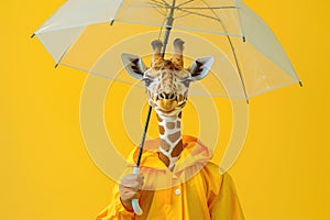 Bright giraffe with clear umbrella in yellow raincoat - rain weather season.