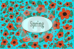 Bright glada with spring poppies on a blue background