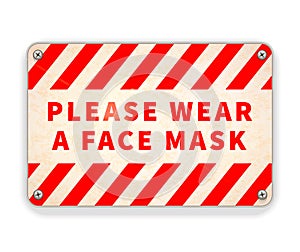 Bright glossy red and white metal plate, please wear a face mask, warning sign on white