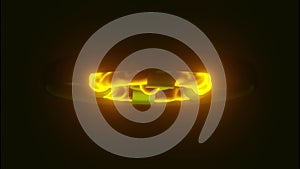 Bright glowing fire circular shapes inside black metal ring. Design. Rotating burning core surrounded by energy ring on