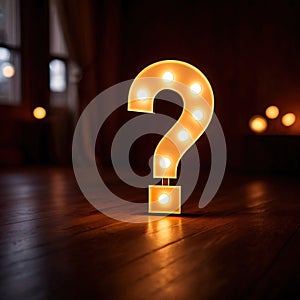 Bright glowing light symbol of question mark, showing interrogation and asking for solution
