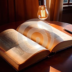 Bright glowing lightbulb on open book, showing enlightenment and learning, knowledge