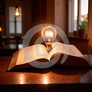 Bright glowing lightbulb on open book, showing enlightenment and learning, knowledge