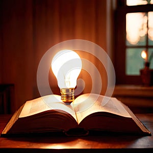 Bright glowing lightbulb on open book, showing enlightenment and learning, knowledge