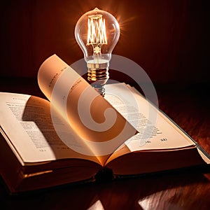 Bright glowing lightbulb on open book, showing enlightenment and learning, knowledge