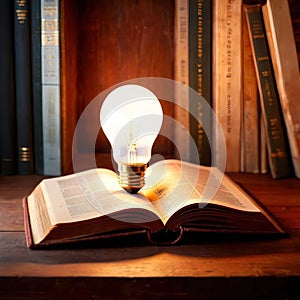Bright glowing lightbulb on open book, showing enlightenment and learning, knowledge