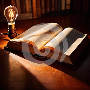 Bright glowing lightbulb on open book, showing enlightenment and learning, knowledge