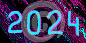 Bright glowing neon light blue 2024 hand drawn grunge text on purple pink wavy black background. Abstract liquid wave. Art trippy