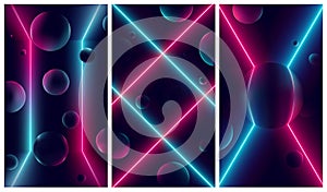 Bright glowing pink and blue neon lines, futuristic cyberbank backgrounds with illuminations on geometric figures, vector retro