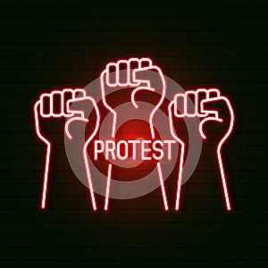 Bright Glowing Symbol On A Black Background. Neon Style Icon.the First Male Hand, A Symbol Of Proletarian Protest. Suitable For