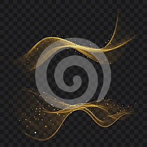 Bright glowing wave stream with golden glitter Set of wavy golden elements.