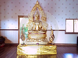 Bright Gold Of Buddha Statue In The Worship Room Of Buddhist Temple At Brahmavihara Arama Monastery