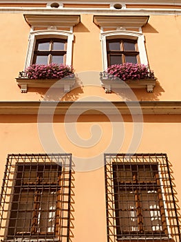 A bright, golden facade with pink flowers in the old market square in TarnÃ³w, Poland - POLSKA - CATHOLIC