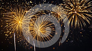 Bright golden fireworks exploding brilliantly against a dark night sky in vibrant celebration