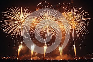 Bright golden fireworks exploding on dark night sky background