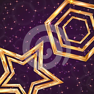 Bright golden hexagon and star on a dark purple background with bokeh and glowing stars. Luxury gold vector illustration. Disco