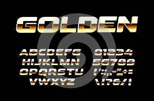 Bright Golden letters and numbers set. Bold gold and polished bronse style vector latin alphabet. Fonts for events