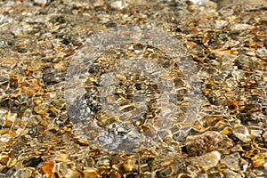 Bright Golden stones at the bottom of a clear stream. Abstract pattern of pebbles under the surface of the water.. Background