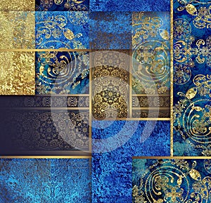 Bright golden vintage floral design on blue background