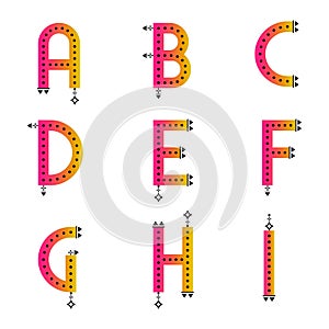 Bright gradient ABC collection. Simple ethnic style letters. Aztec pattern black dotted alphabets. Isolated vector characters font