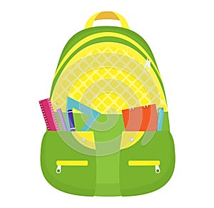 Bright green backpack school supplies ruler, pencils, notebooks. Education back school theme