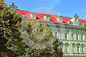 Bright green Beautiful building in the city secessionist style of Architecture, Prague