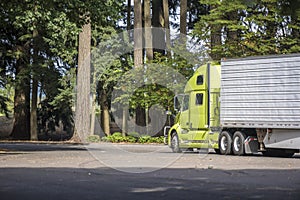 Bright green big rig industrial semi truck with refrigerator semi trailer running on the rest area parking lot with old trees to