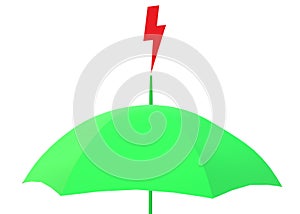 A bright green brolly umbrella struck at the top by a red lightning symbol photo